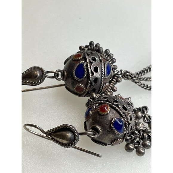 Fabulous Older Vintage Silver & Enamel Morrocan Berber Earrings - Picture 9 of 12